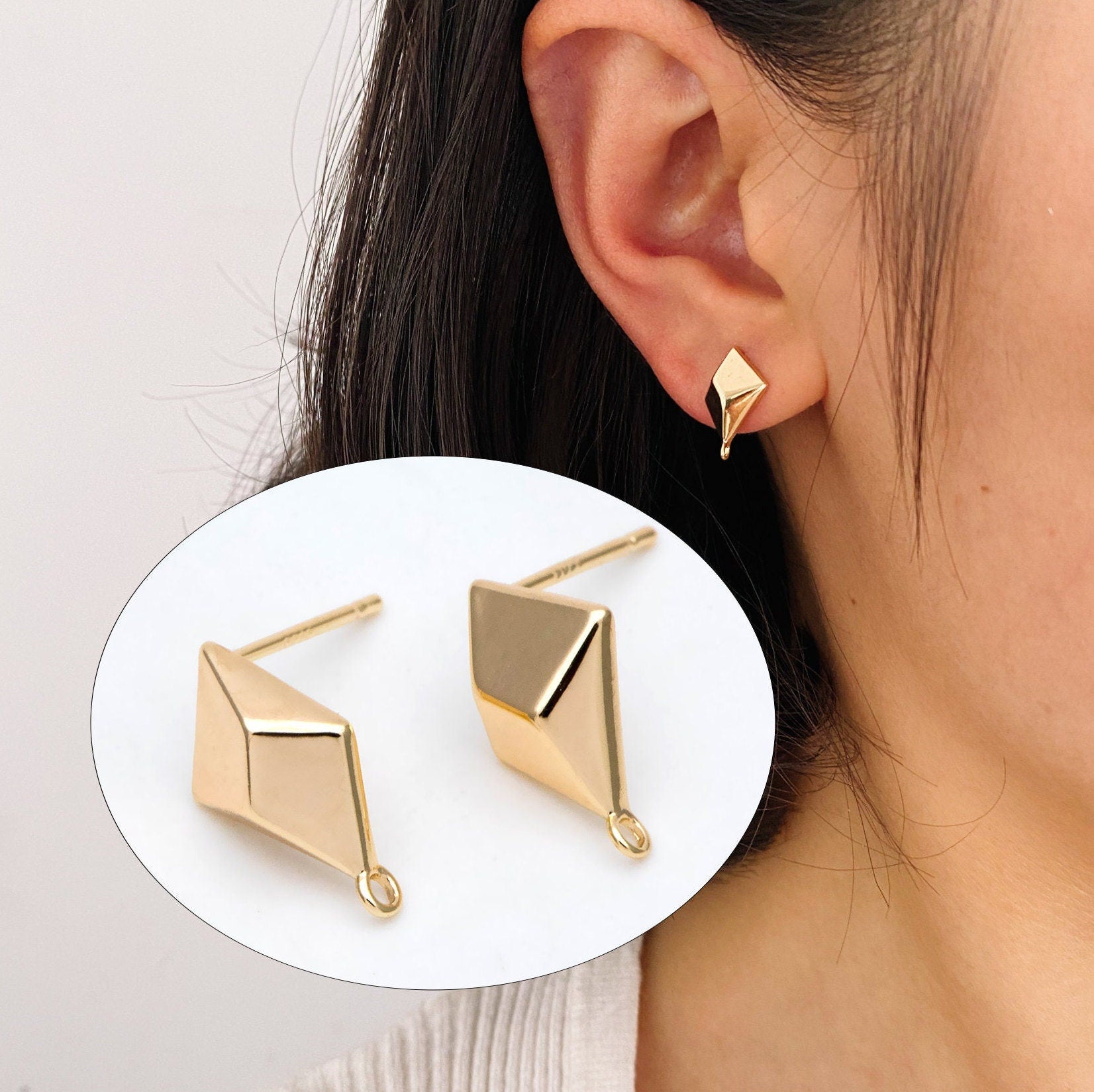 10pcs Gold Plated Geometric Earring Studs, Rhombus Ear Posts (GB-2925)